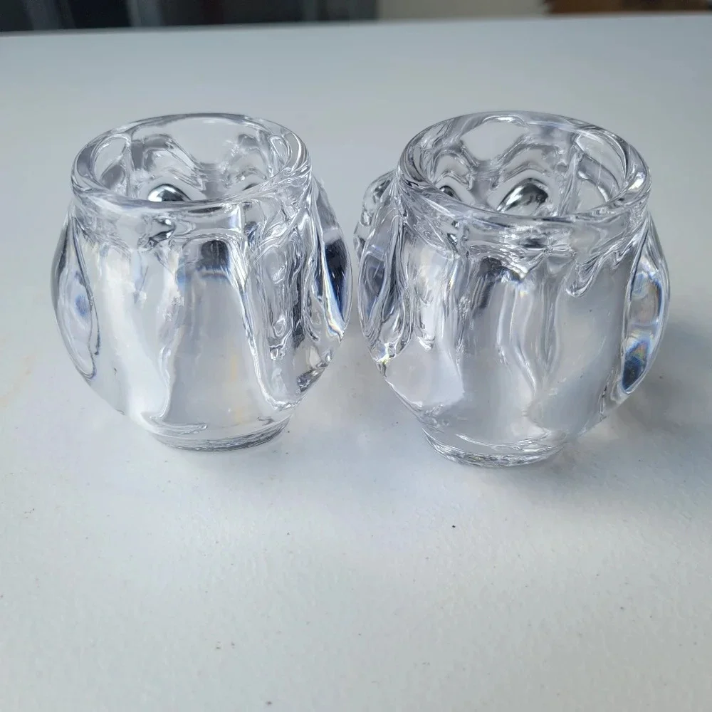 Set Of 2 Halloween Decor Art Glass Scull  Candleholder Tea Crystal Clear Heavy